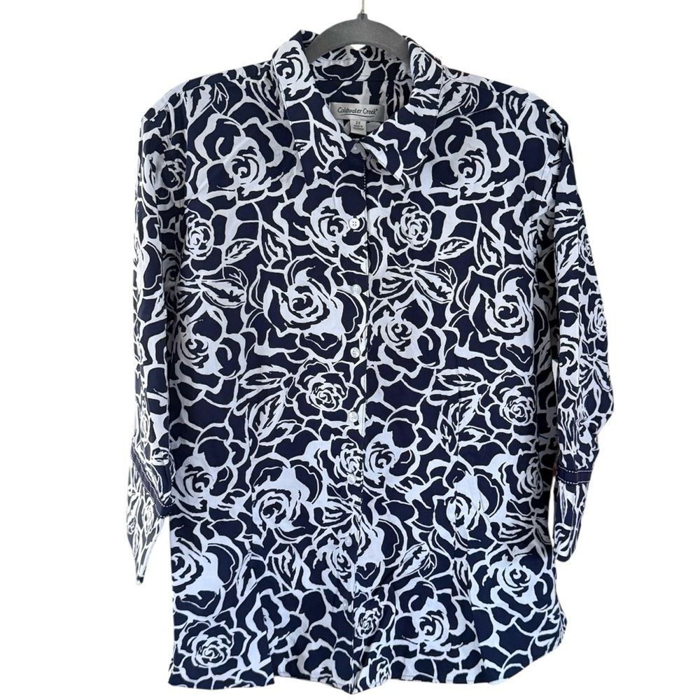 COLDWATER CREEK Navy White Floral Button-up Shirt Plus size 2X